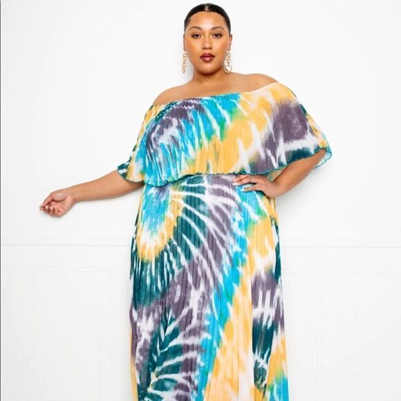 NWT Plus Size Off The Shoulder Maxi Dress in Teal/Mustard Tie Dye Dress -Size 1X - Picture 1 of 15